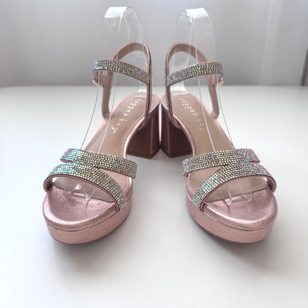 Copper Key Platform Sandals Block Heel Womens 7.5M Rose Gold Rhinestone Coquette